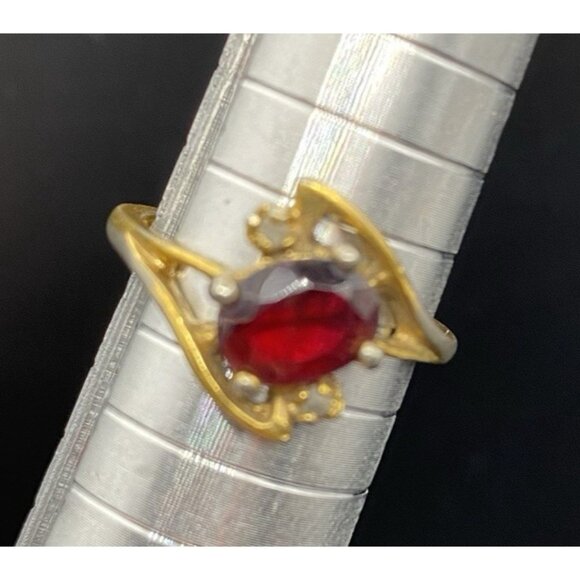 Garnet Ring Tested Diamond Accent Vintage Yellow Gold Plated Size 7 LOOK READ - Picture 2 of 10